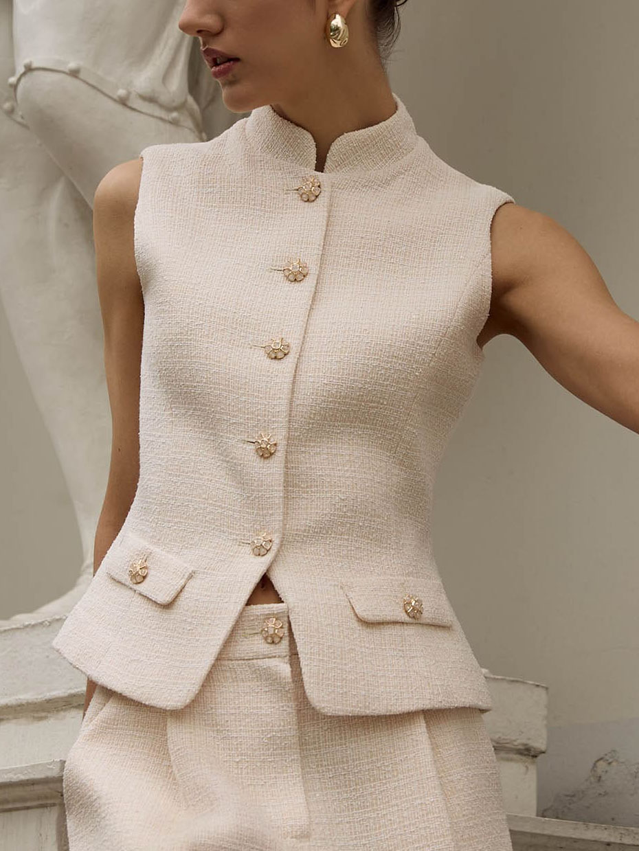Elegant Sleeveless Textured Button Suit Vest