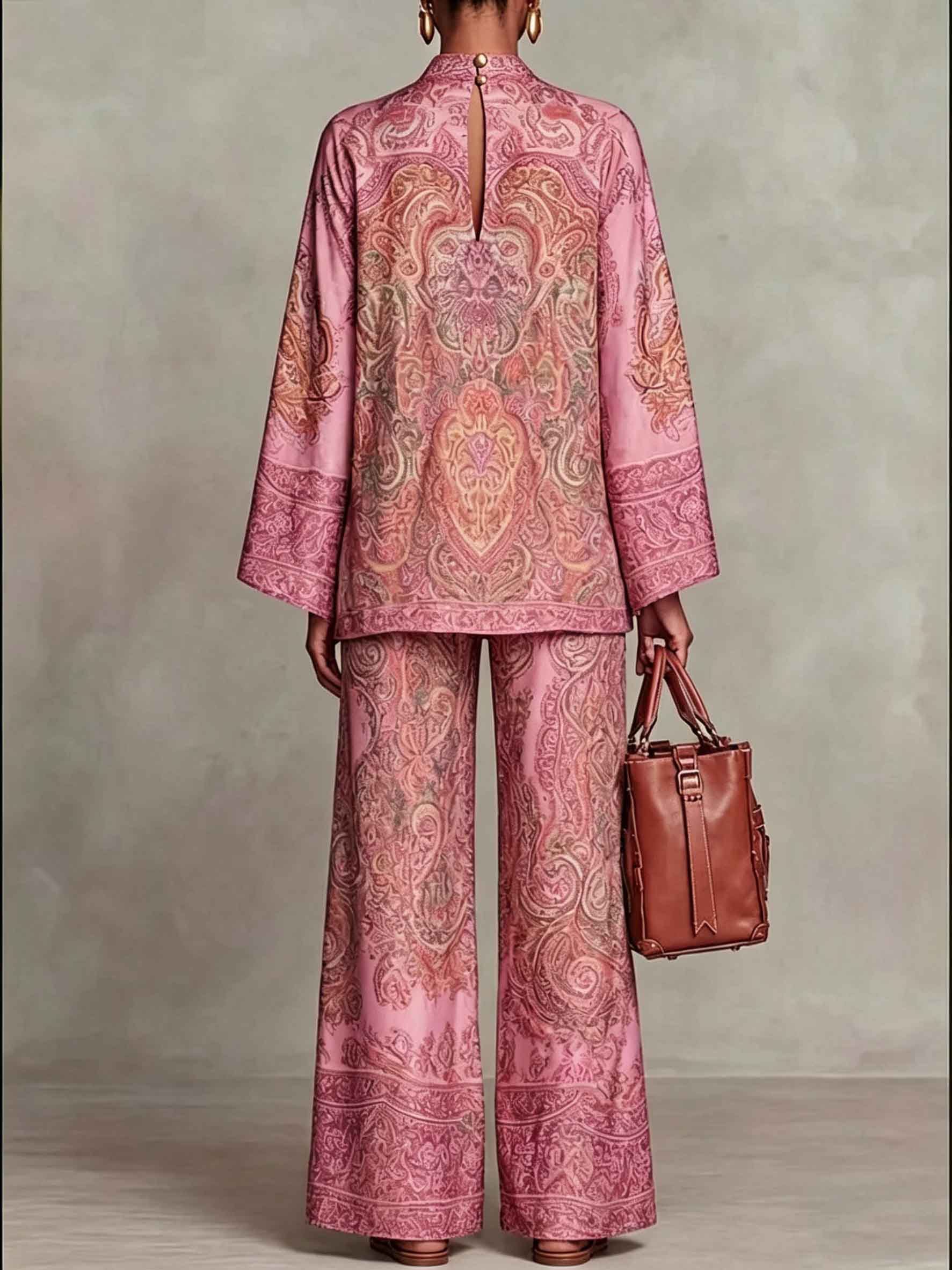 Elegant Satin Paisley Print Batwing Sleeve Two-Piece Set