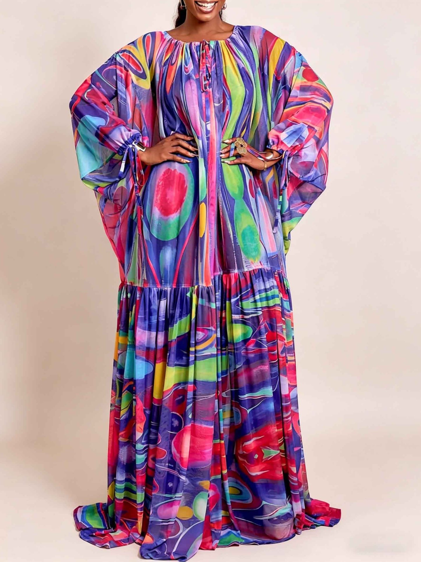 Exquisite Rainbow Abstract Print Chiffon Flowy Loose Maxi Dress