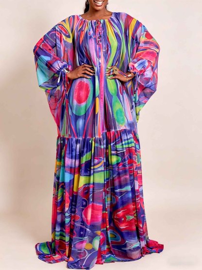 Exquisite Rainbow Abstract Print Chiffon Flowy Loose Maxi Dress
