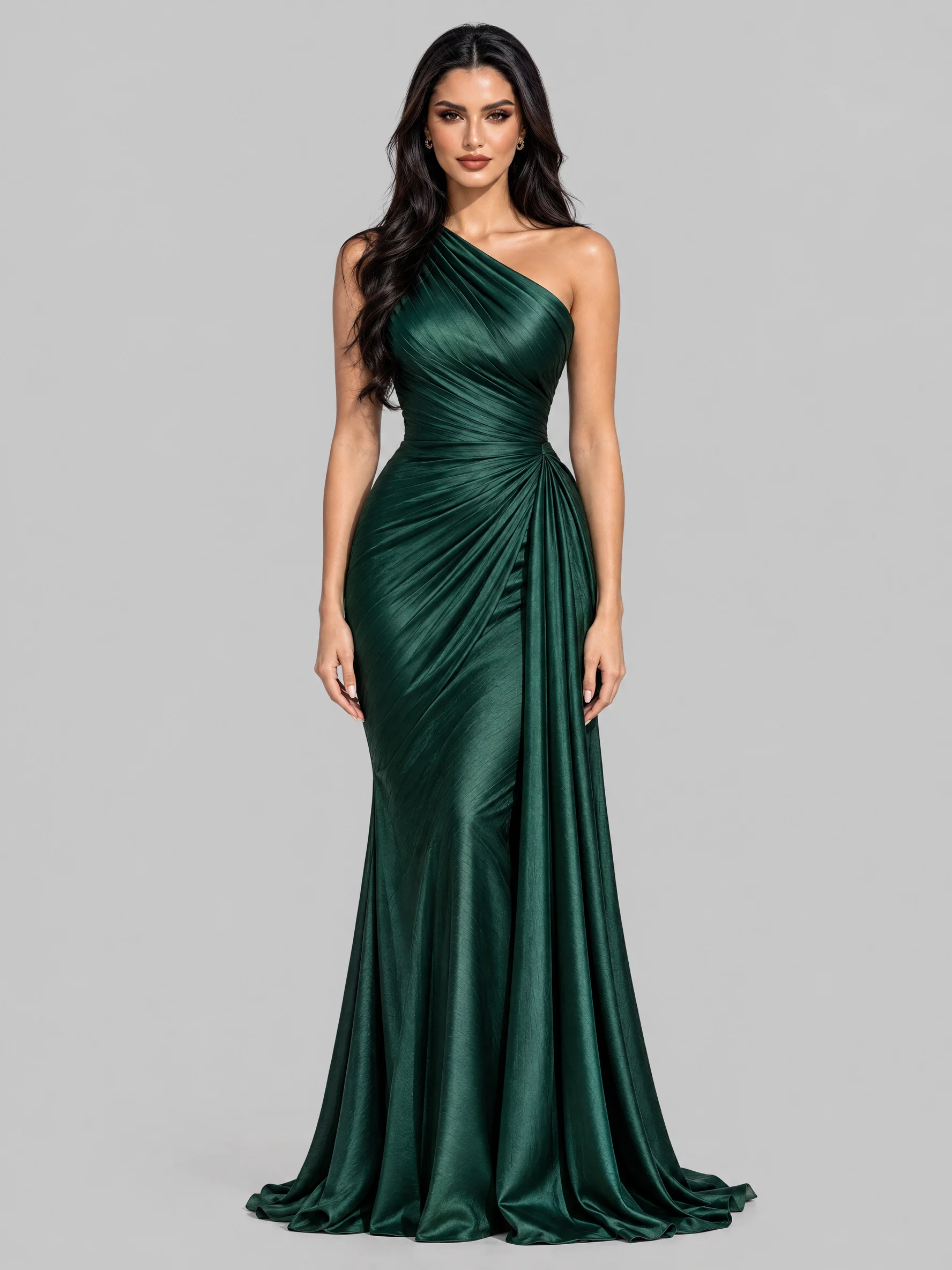 Emerald Green One Shoulder Ruched Satin Maxi Dress Elegant Evening Gown [erp-image:e7e096c532209587f4f67bee]