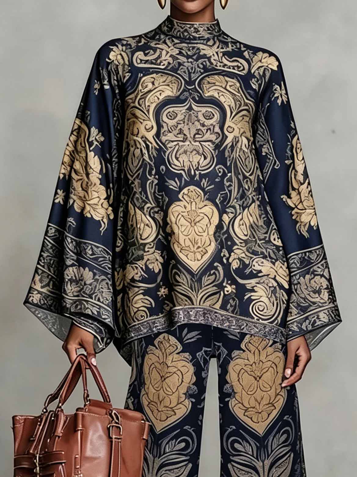 Retro Baroque Print High Neck Batwing Sleeve Two-Piece Set