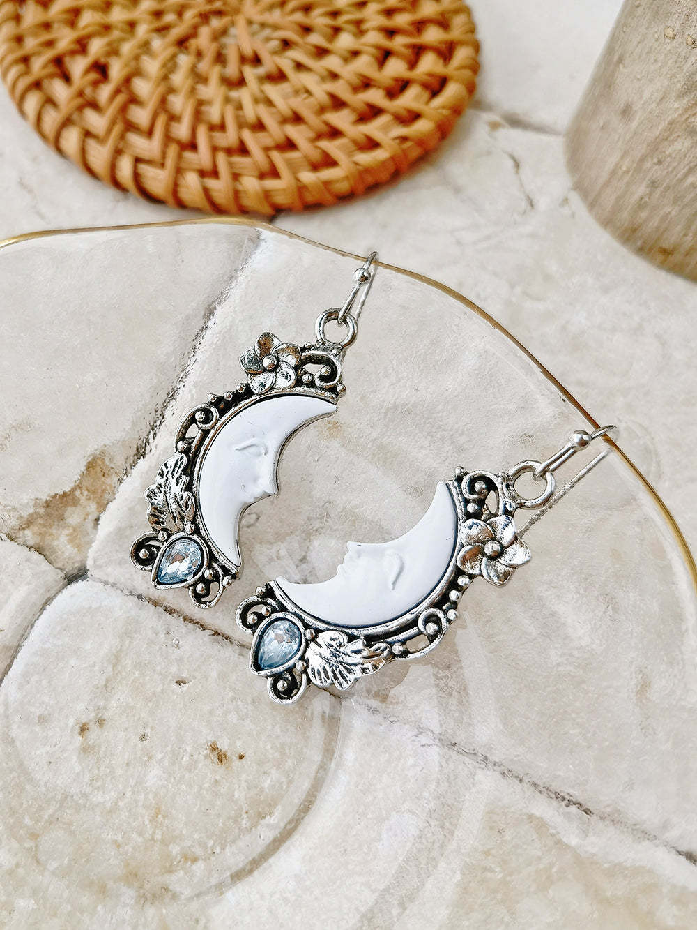 Blue Topaz Pendant Earring with Crescent Moon Motif