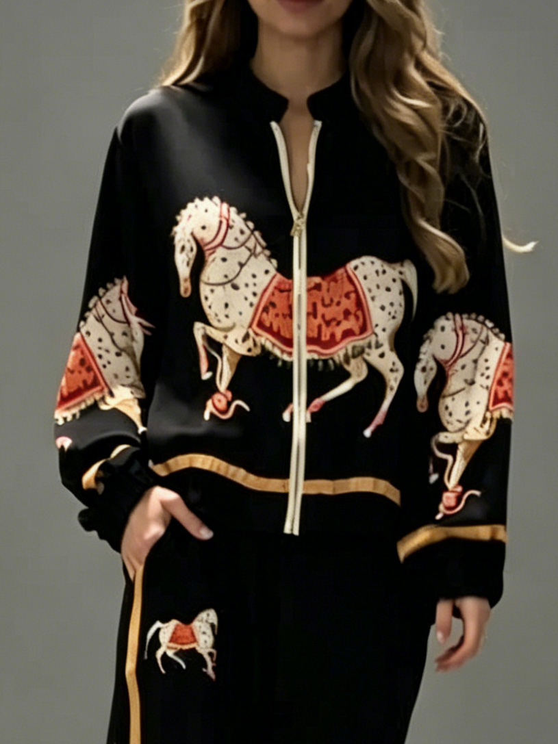Exquisite Satin Horse Print Zip-Up Shirt