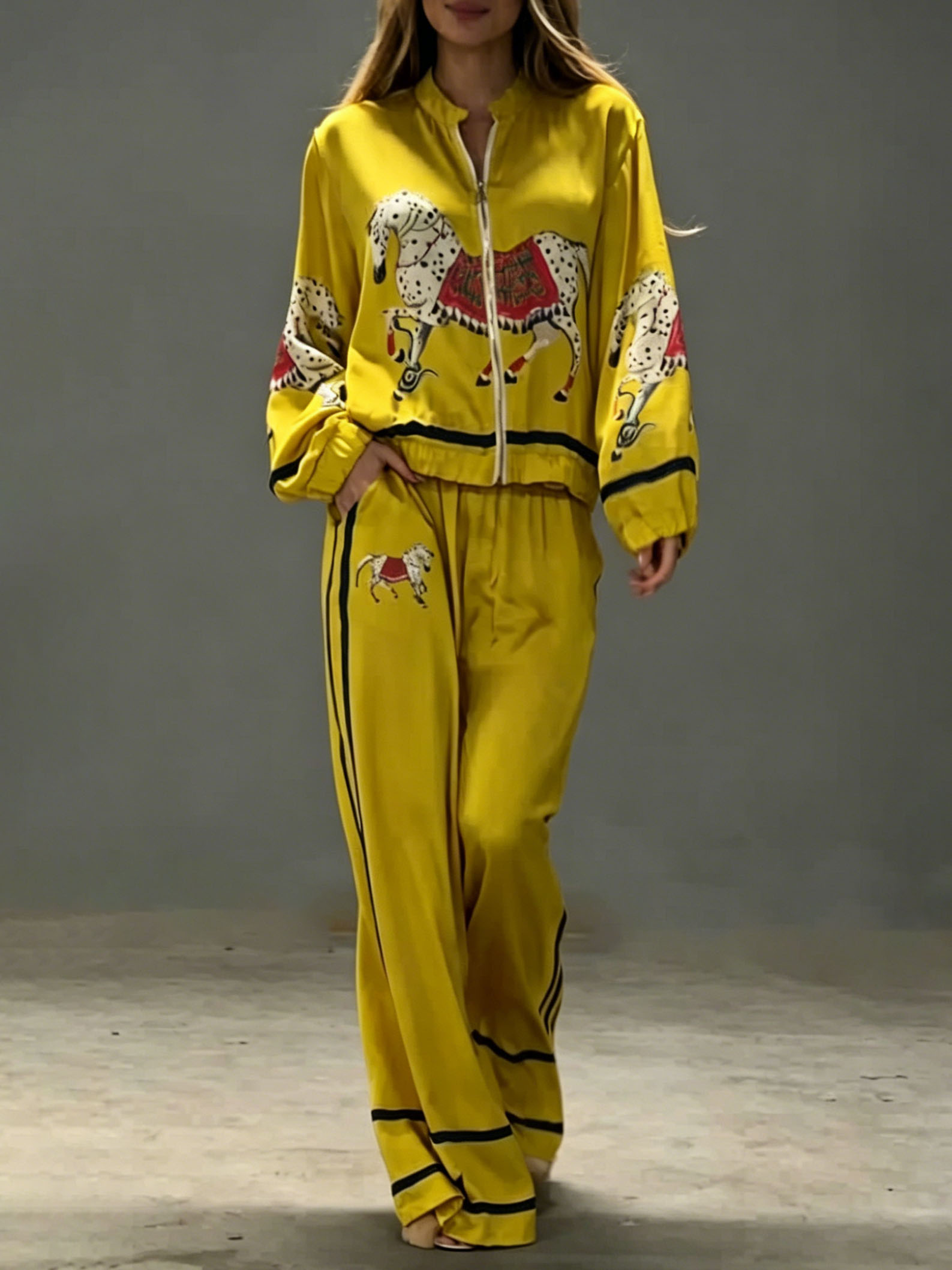 Exquisite Satin Horse Print Zip-Up Shirt