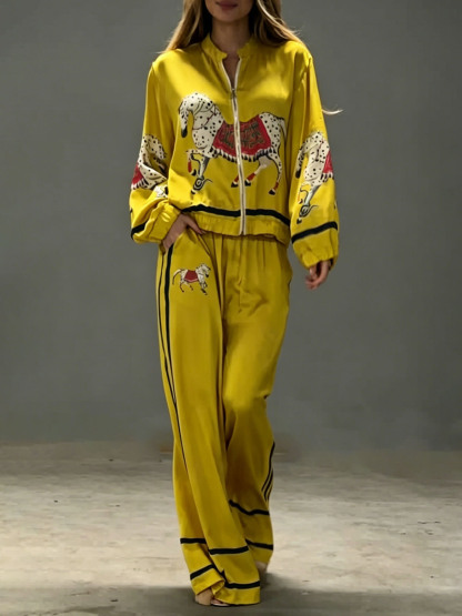 Exquisite Satin Horse Print Zip Jacket & Wide-Leg Pants Two-Piece Set