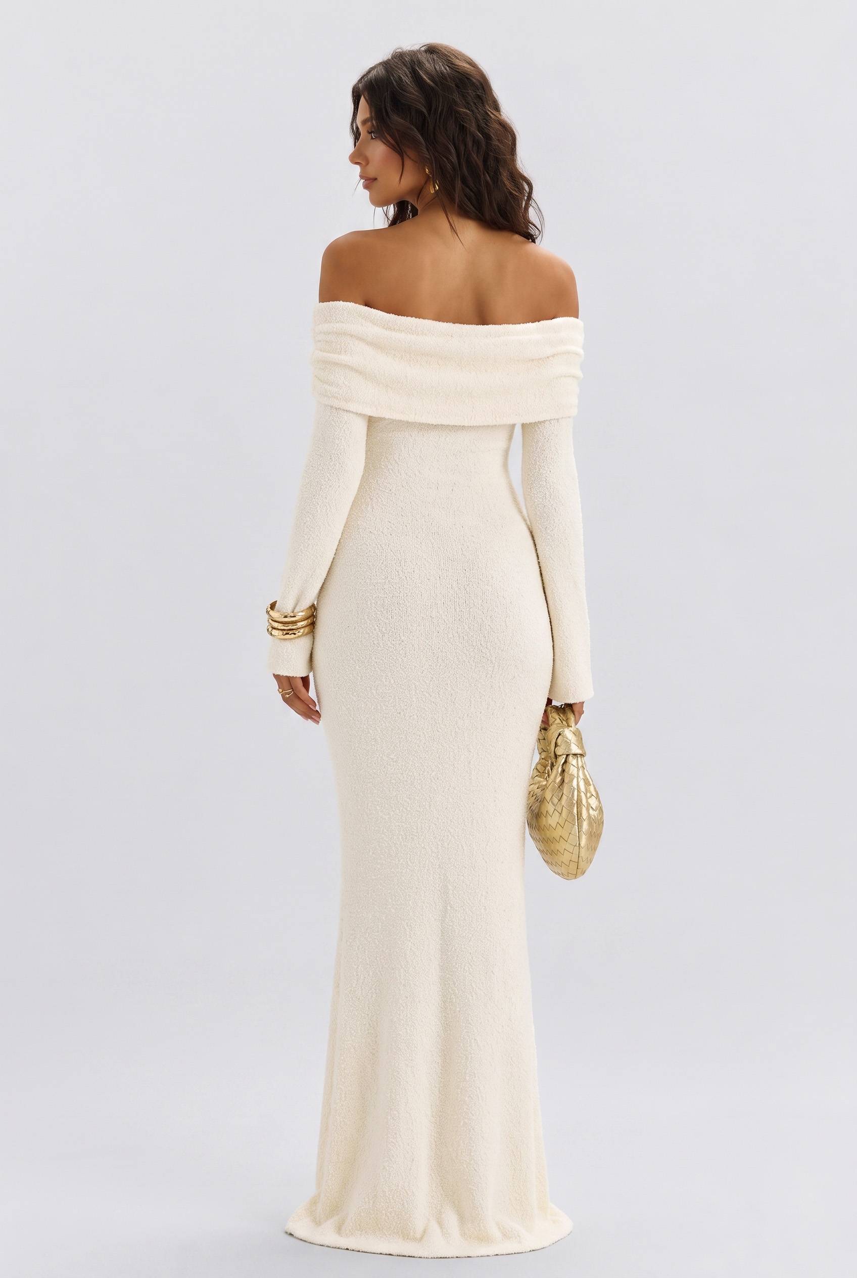Texture Tweed Off-shoulder Long Dress