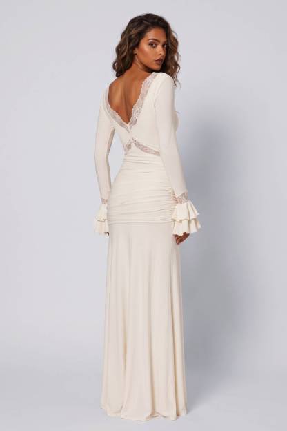 Tight Waist Lace Trim Horn Sleeve Long Dress