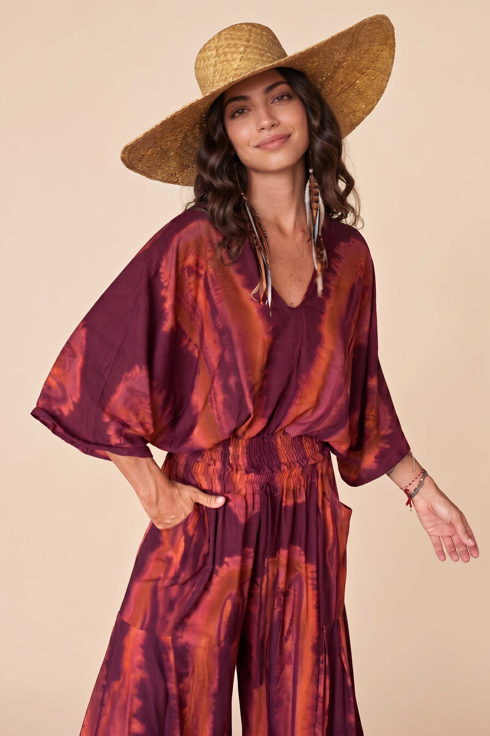 V-Neck Printed Top And Wide Leg Pants Set