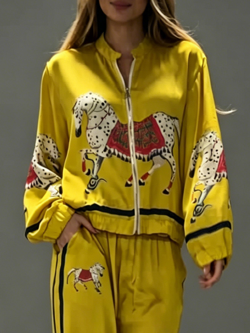 Exquisite Satin Horse Print Zip-Up Shirt