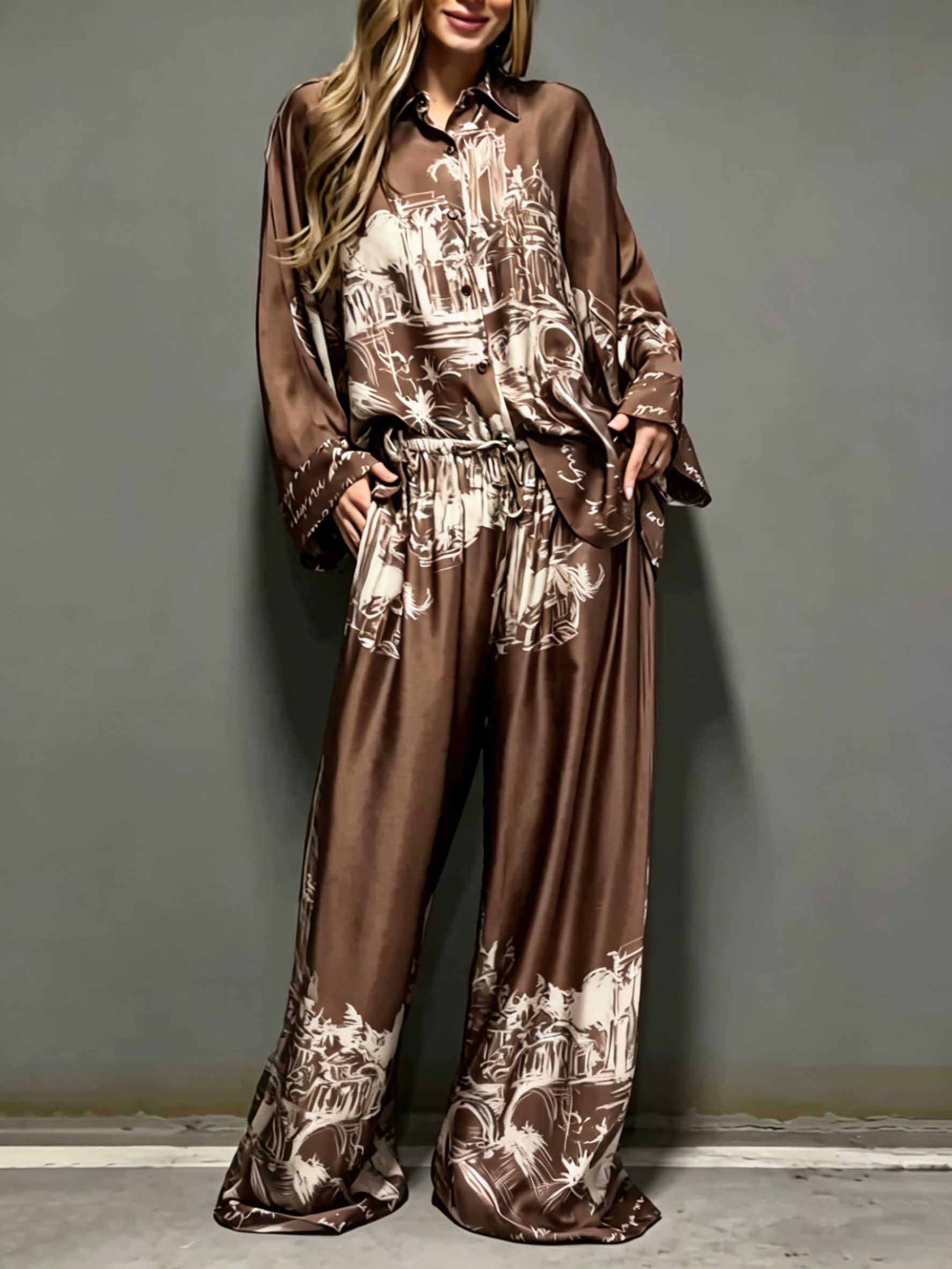 Architectural Print Satin Shirt And Pants Two-Piece Set