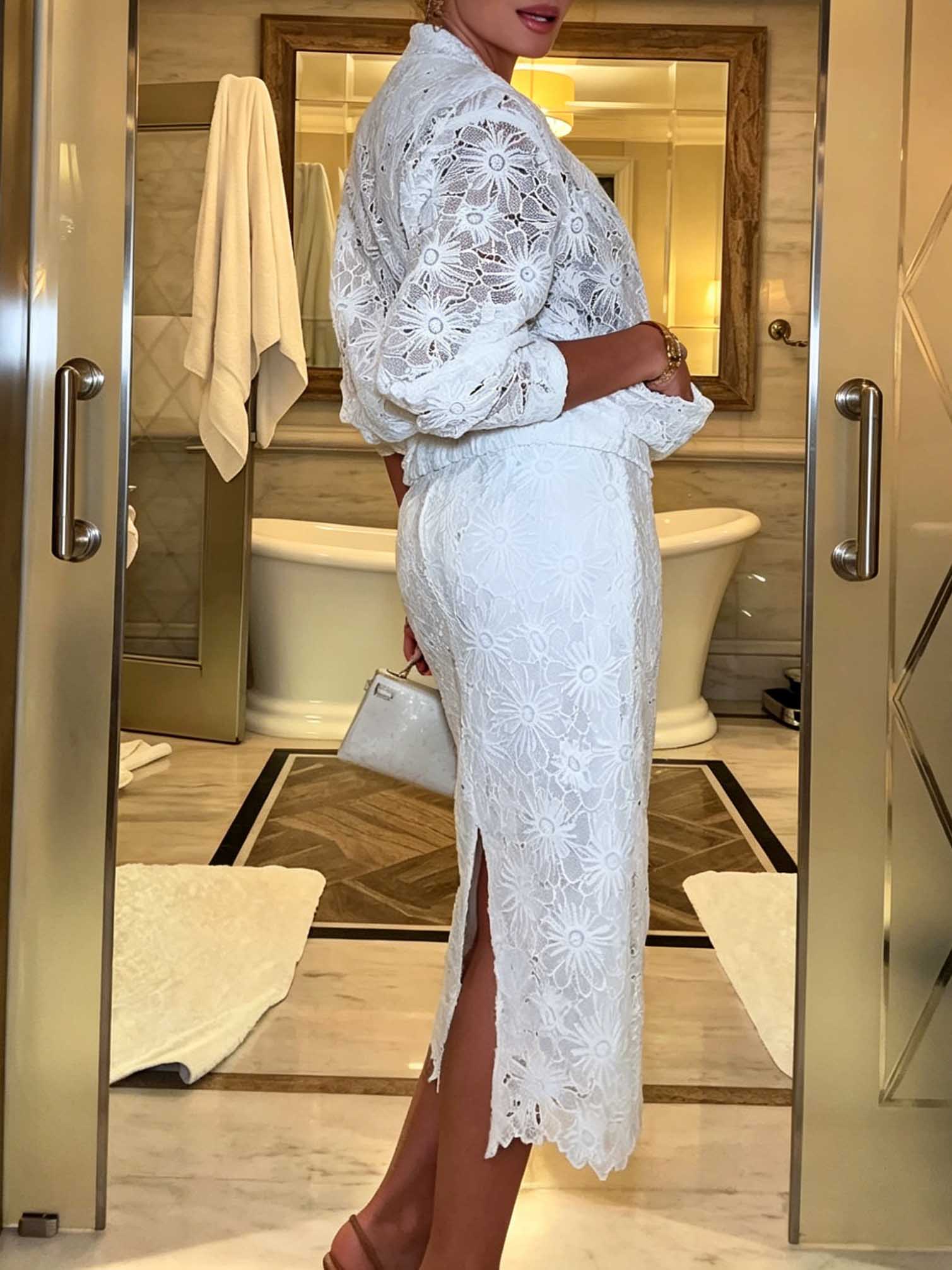 Elegant Floral Lace Jacket & Skirt Two-Piece Set