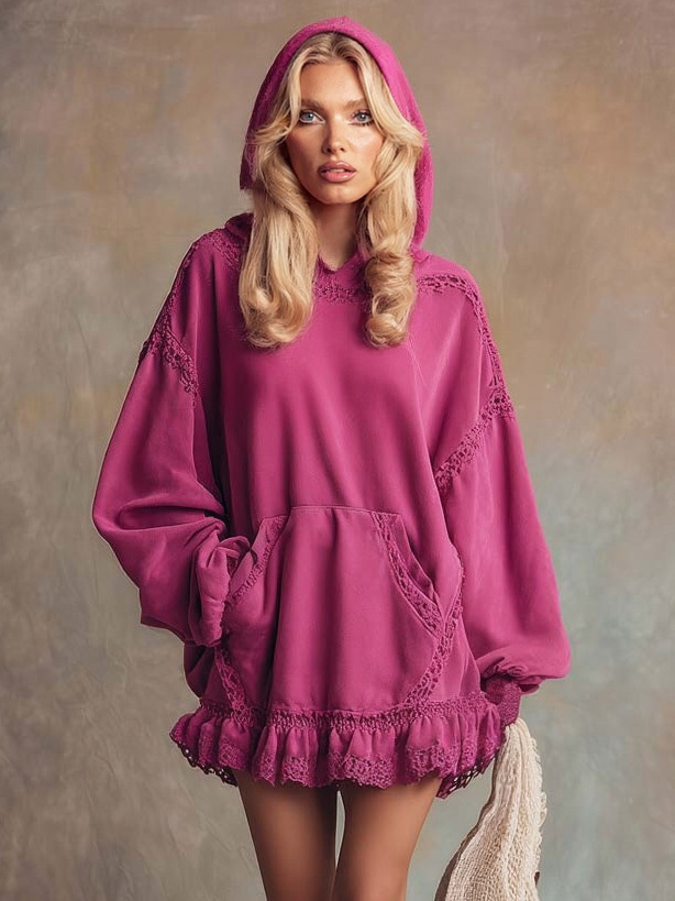 Elegant Lace-trimmed Ruffled Hem Hooded Mini Dress