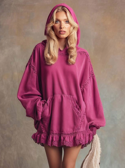 Elegant Lace-trimmed Ruffled Hem Hooded Mini Dress