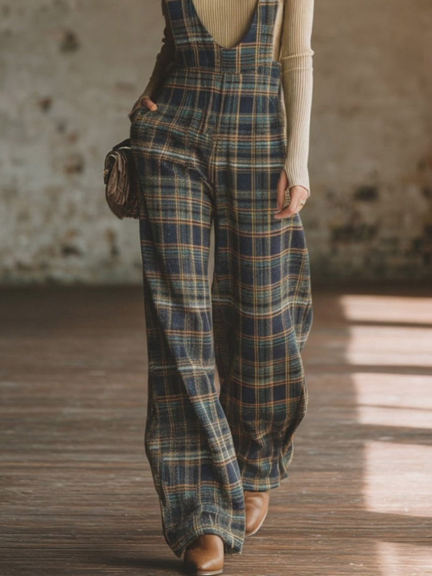 Casual Retro Plaid Wide-leg Overalls