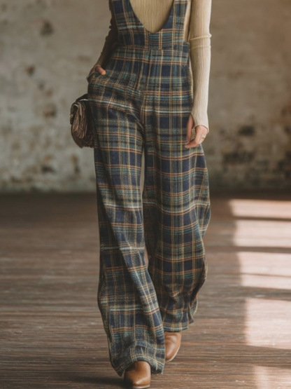 Casual Retro Plaid Wide-leg Overalls