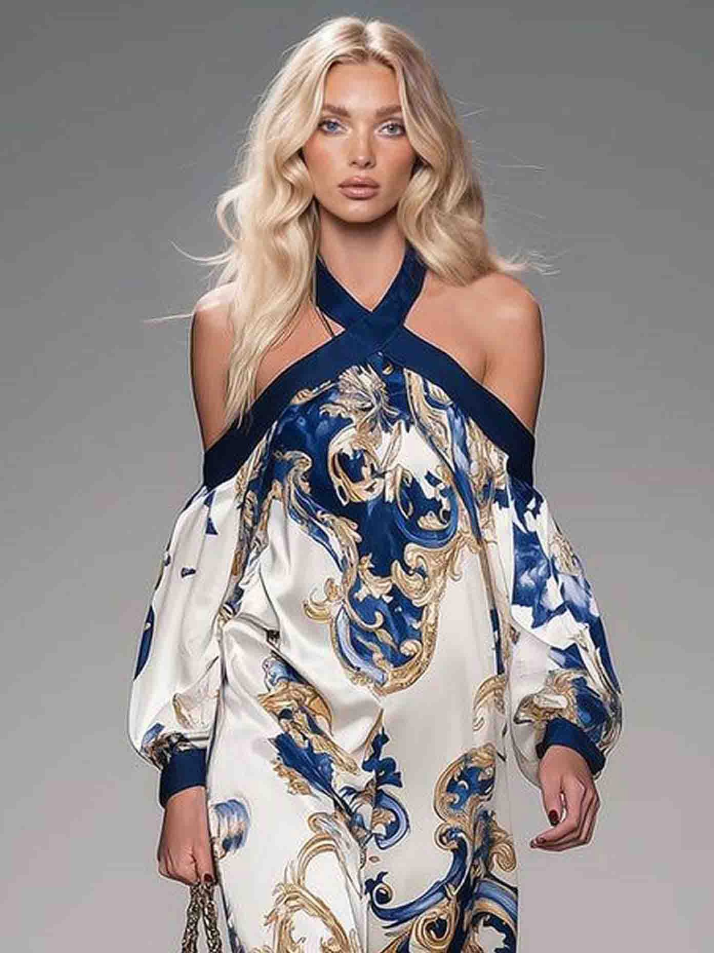 Retro Off-shoulder Printed Satin Maxi Dress