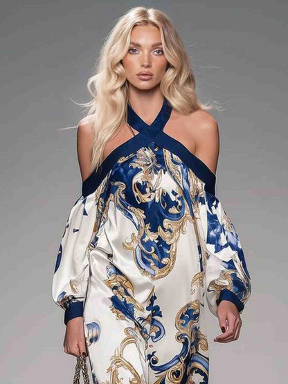 Retro Off-shoulder Printed Satin Maxi Dress