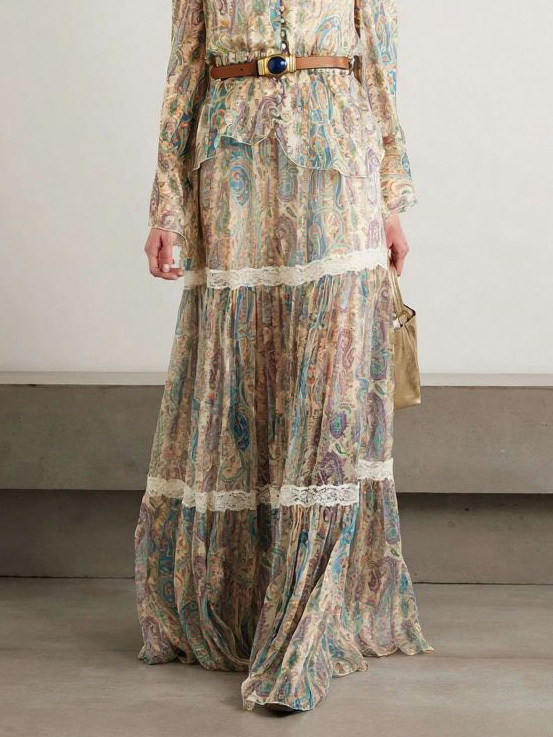 Exquisite Paisley Print Lace Trim Skirt