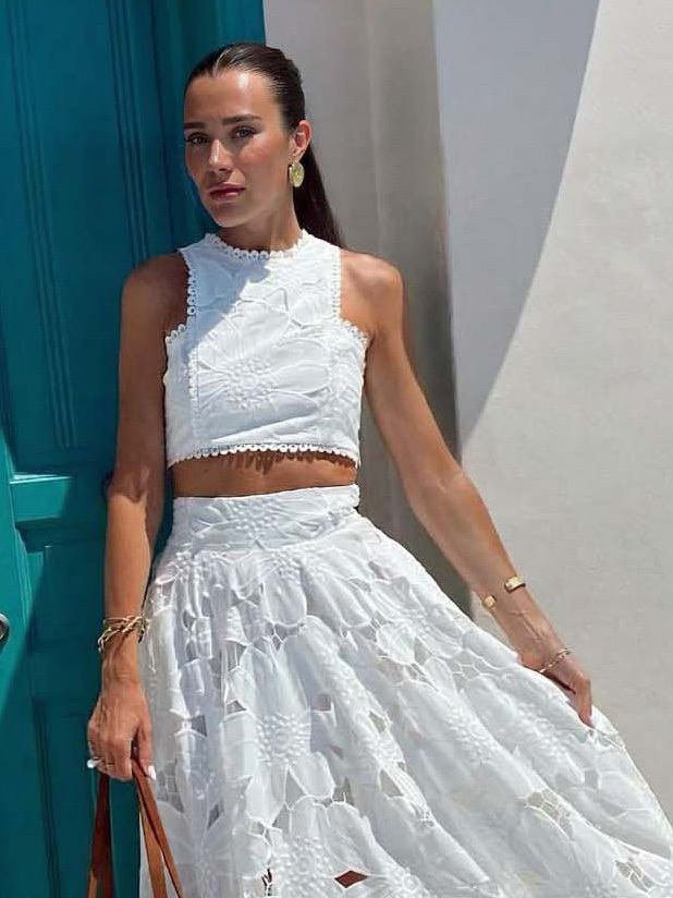 Elegant Openwork Floral Lace Short Vest Two-piece Set