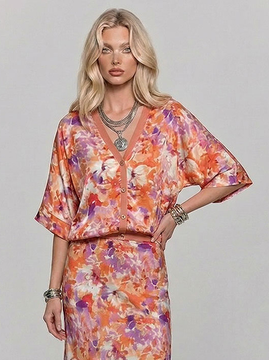 Exquisite Floral Print Satin High-Waisted Midi Skirt