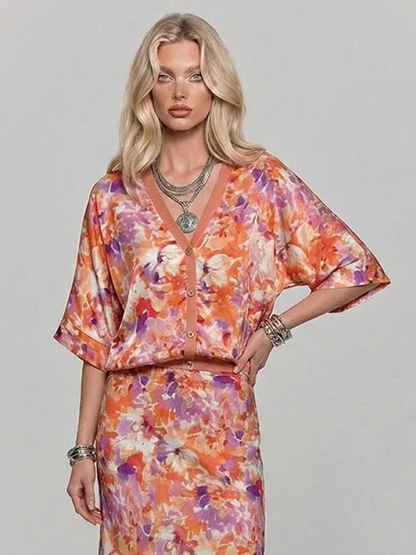 Exquisite Floral Print Satin High-Waisted Midi Skirt