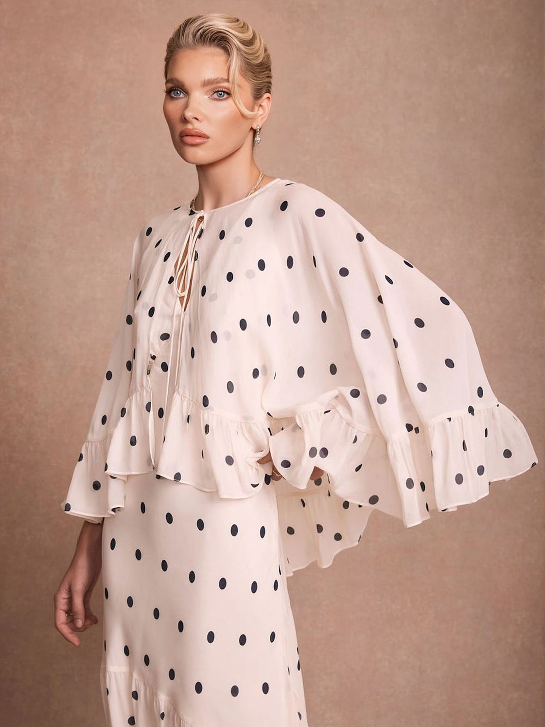 Elegant Polka Dot Ruffle Layered Chiffon Cape Maxi Dress