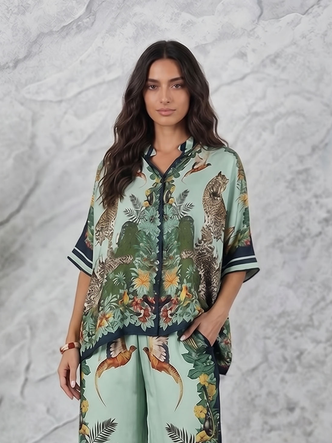 Exotic Jungle Print Wide Leg Pants