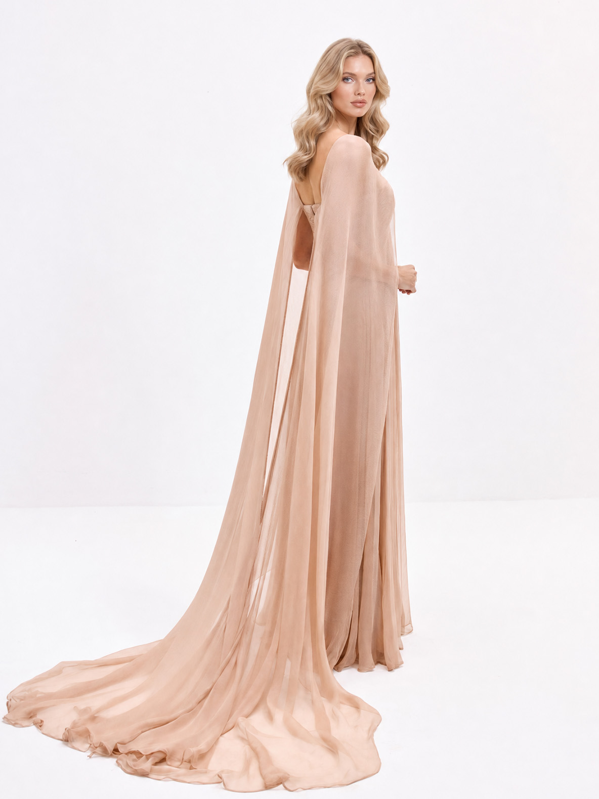 Elegant Draped V-Neck Sheer Cape Sleeve Sweep Train Maxi Dress