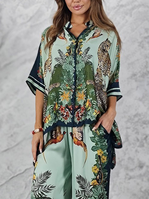 Exotic Jungle Print Wide Leg Pants