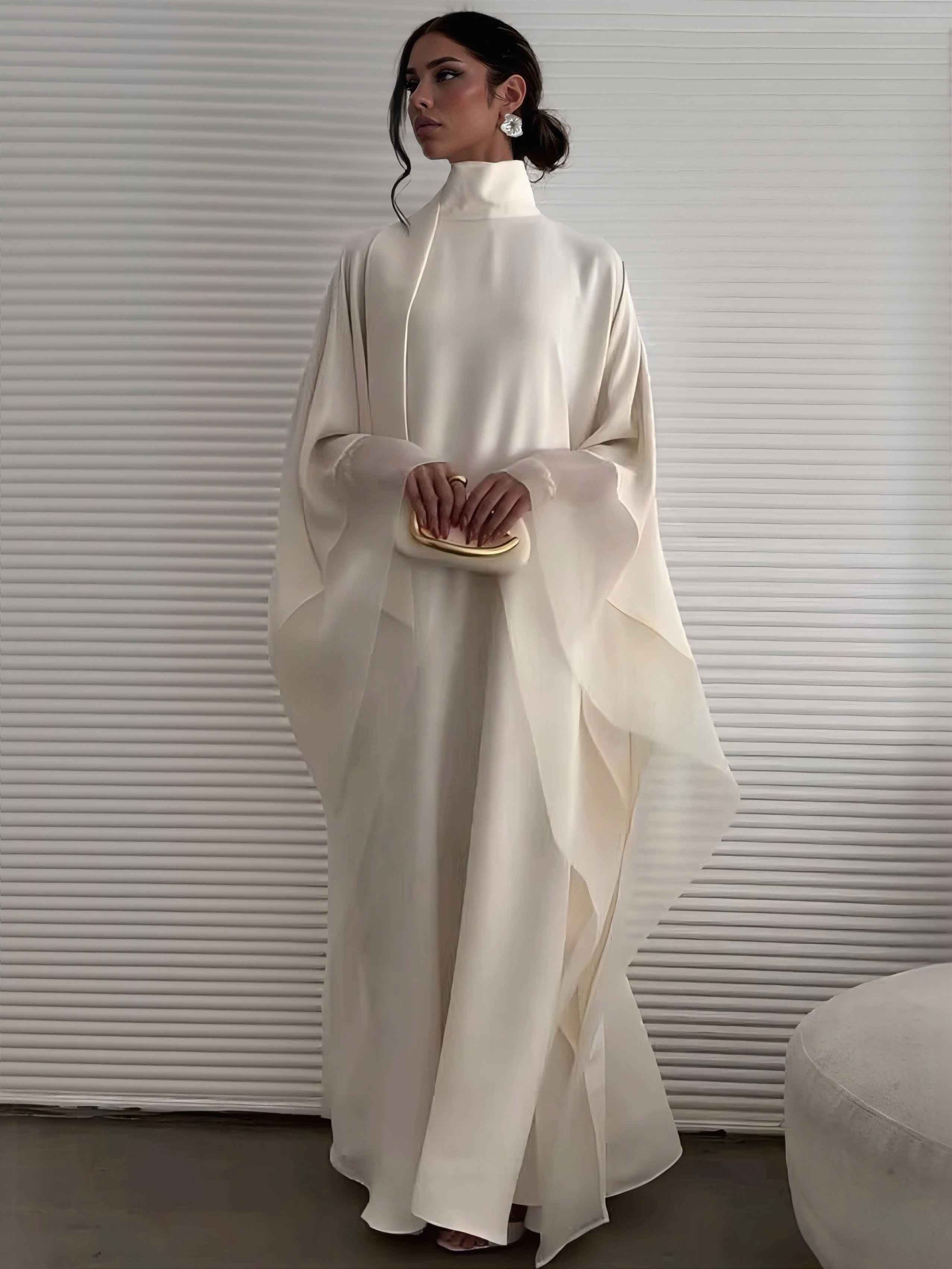 Elegant High-Neck Flowing Cape Maxi Dress