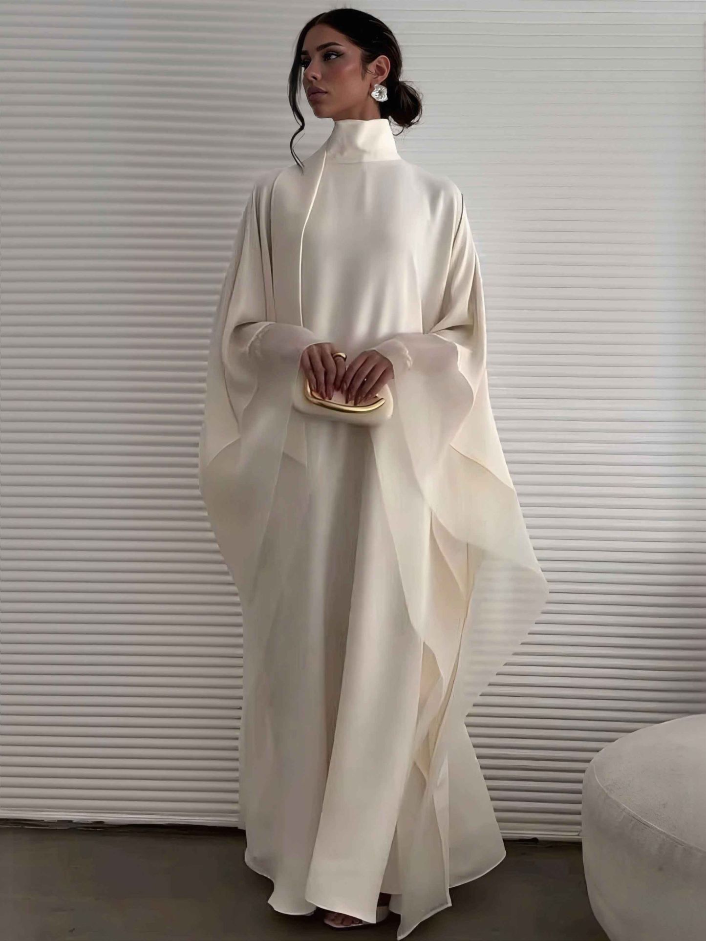 Elegant High-Neck Flowing Cape Maxi Dress