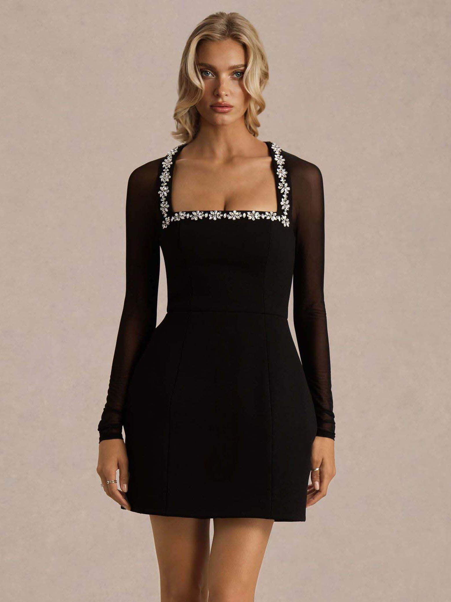 Elegant Crystal-embellished Mesh Sleeve Mini Dress