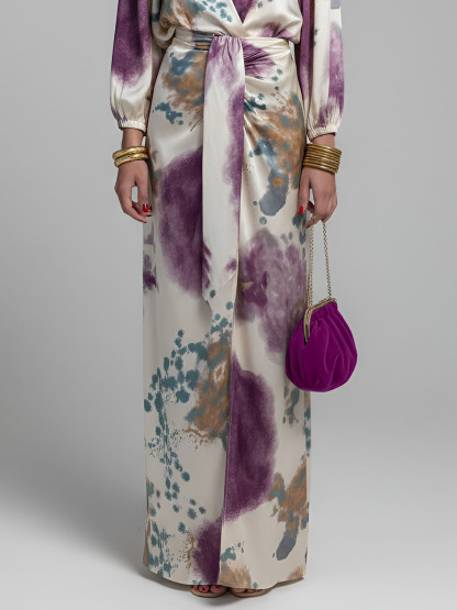 Elegant Watercolor Print Satin High-Waist Maxi Skirt
