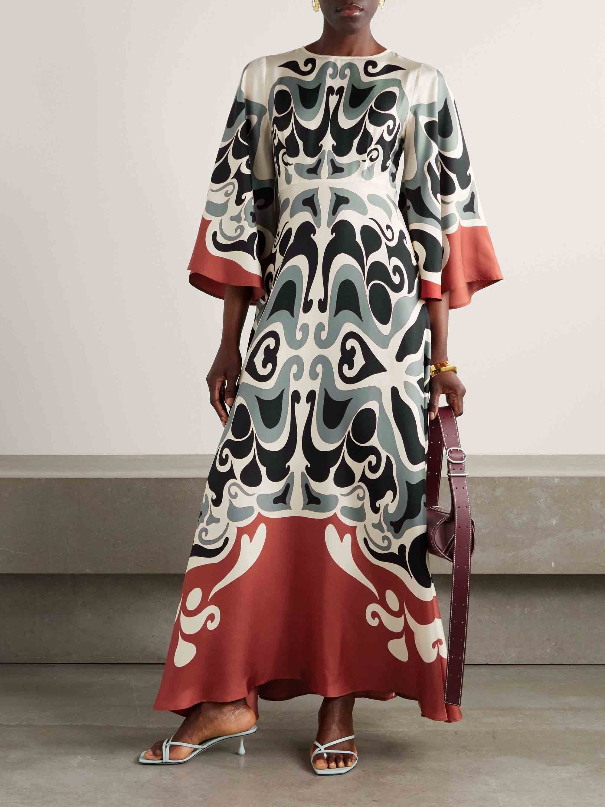 Unique Abstract Floral Print Bell Sleeve Maxi Dress