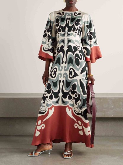 Unique Abstract Floral Print Bell Sleeve Maxi Dress