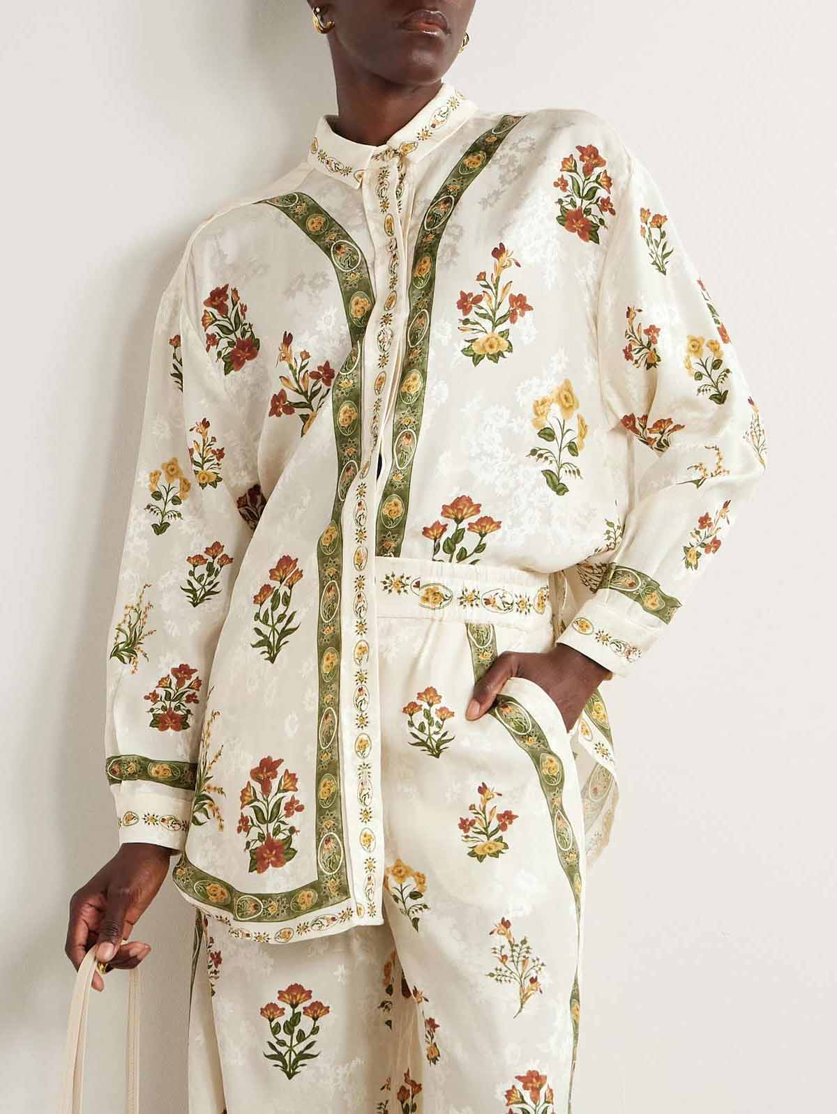 Unique Satin Jacquard Floral Print Shirt