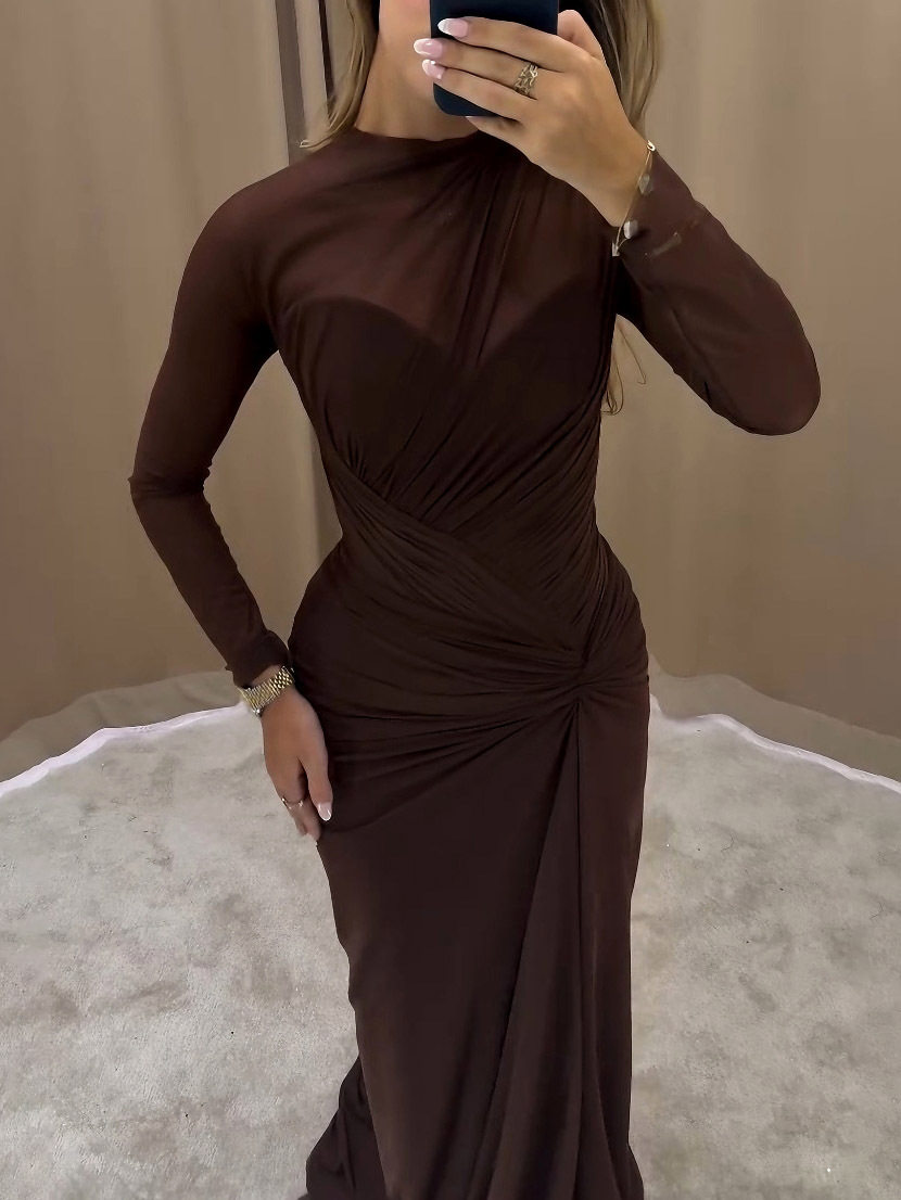 Elegant Draped Long-sleeved Maxi Dress
