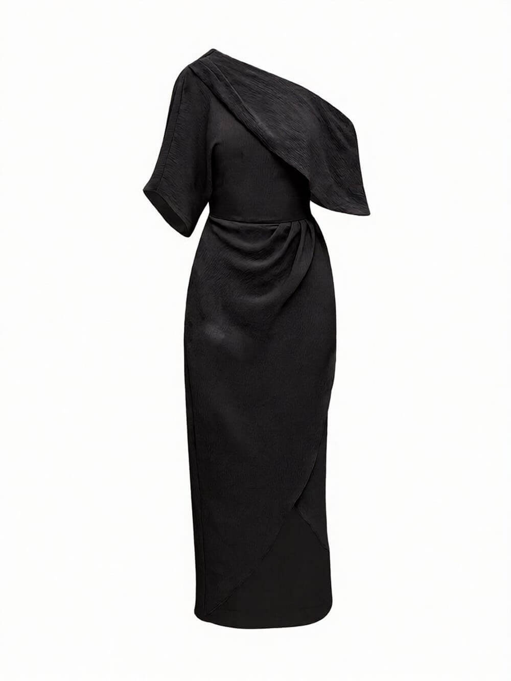 Exquisite Satin Irregular Lapel Neckline Design Ruched Maxi Dress