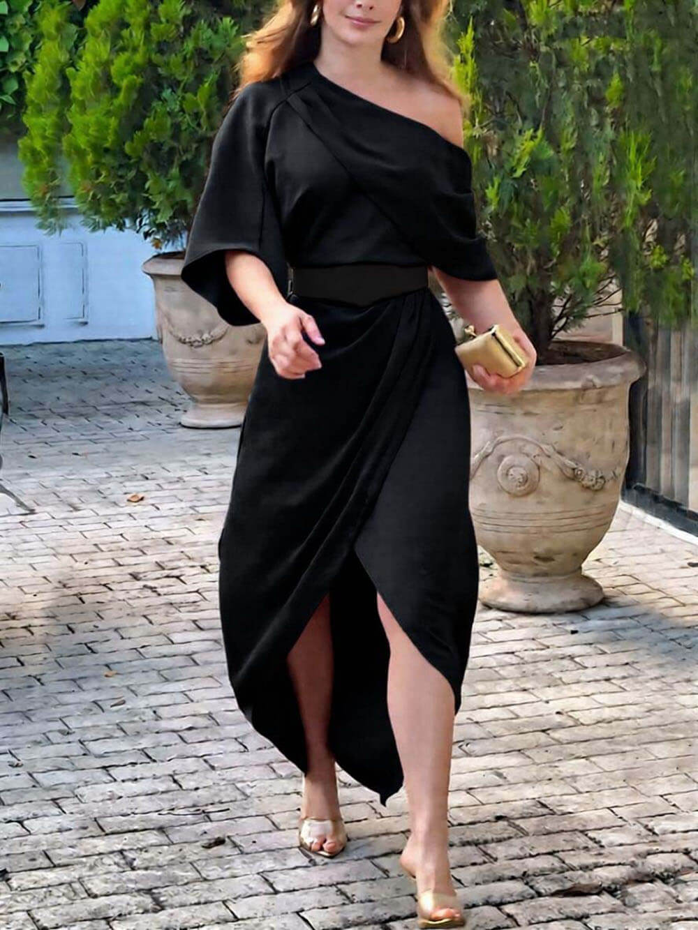 Exquisite Satin Irregular Lapel Neckline Design Ruched Maxi Dress