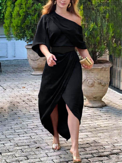 Exquisite Satin Irregular Lapel Neckline Design Ruched Maxi Dress