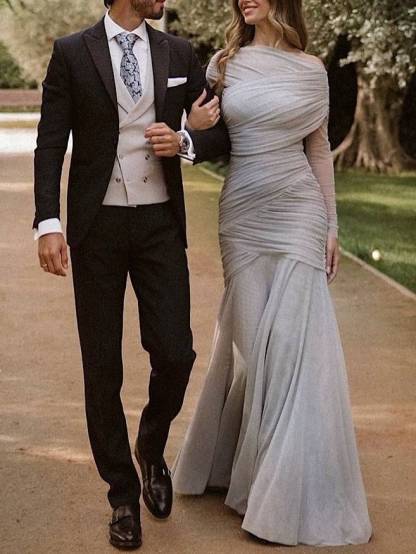 Cross Pleated Design Long Sleeve Maxi Dress