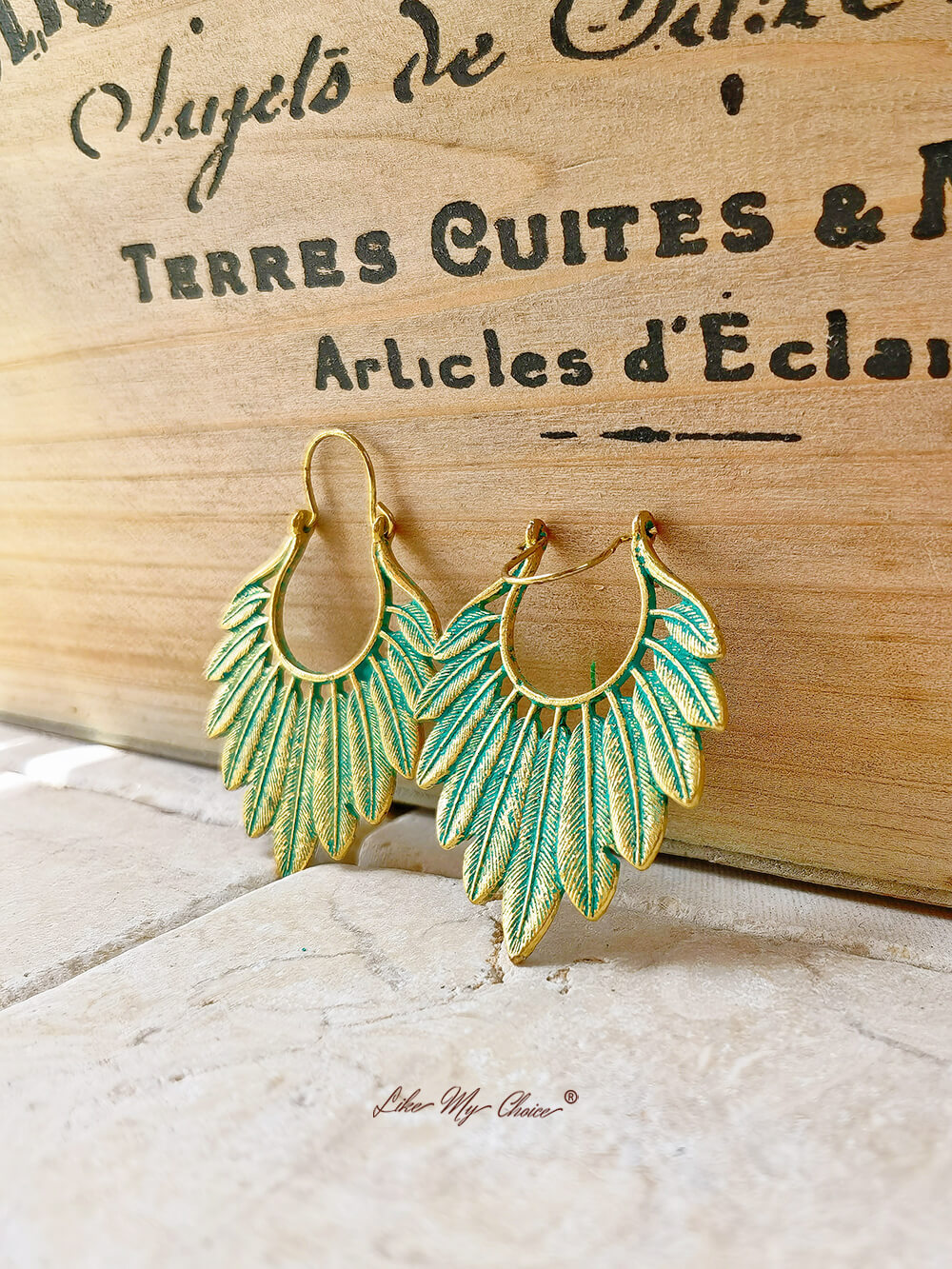 Bohemian Turquoise Gold Feather Earrings