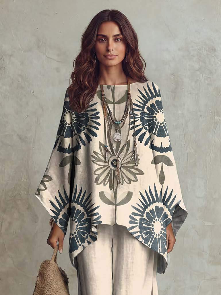 Retro Floral Print Batwing Sleeve Loose Two-Piece Set