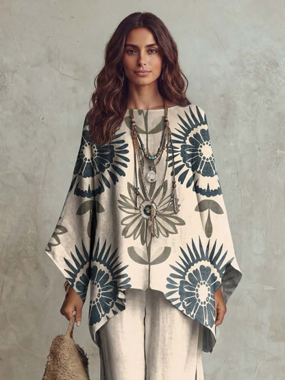 Retro Floral Print Batwing Sleeve Loose Two-Piece Set