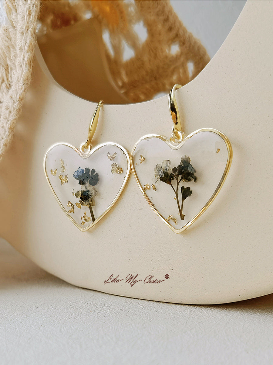 Pressed Flower Earrings - Resin Heart Dried Flower-Likemychoice