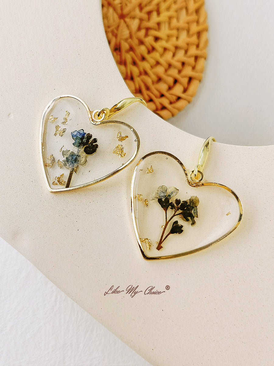 Pressed Flower Earrings - Resin Heart Dried Flower-Likemychoice