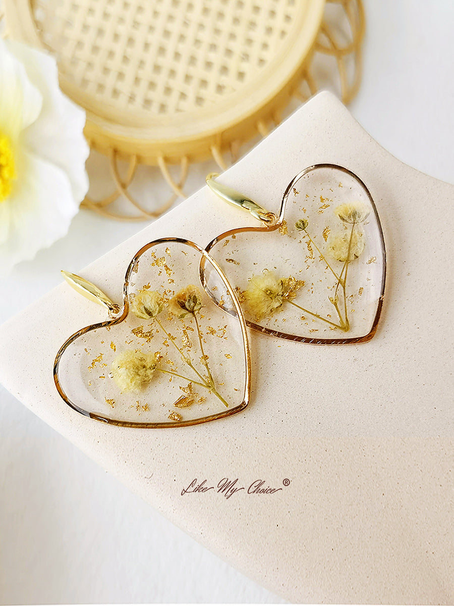 Pressed Flower Earrings - Resin Heart Dried Flower-Likemychoice
