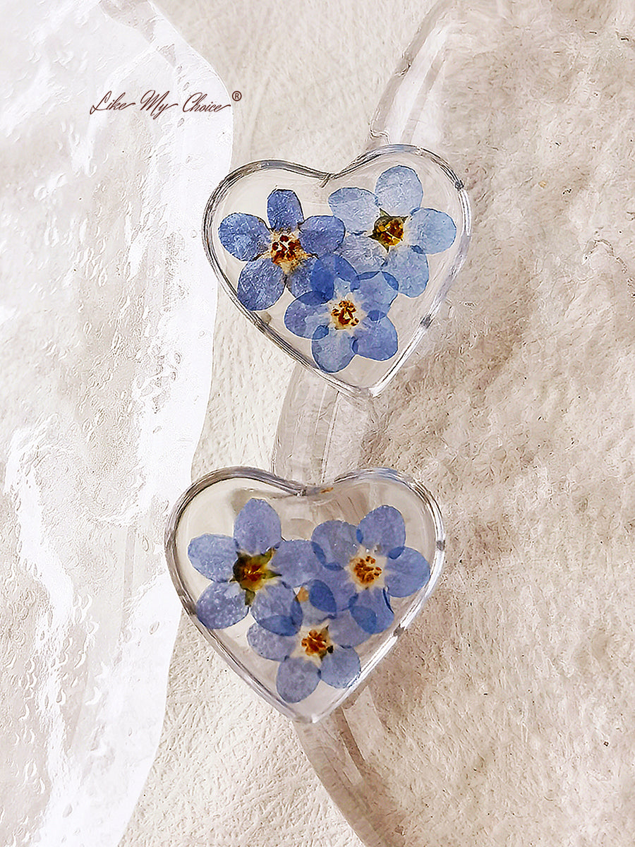 Pendientes de Flores Presionadas - Flor Olvídame Nunca en Forma de Corazón