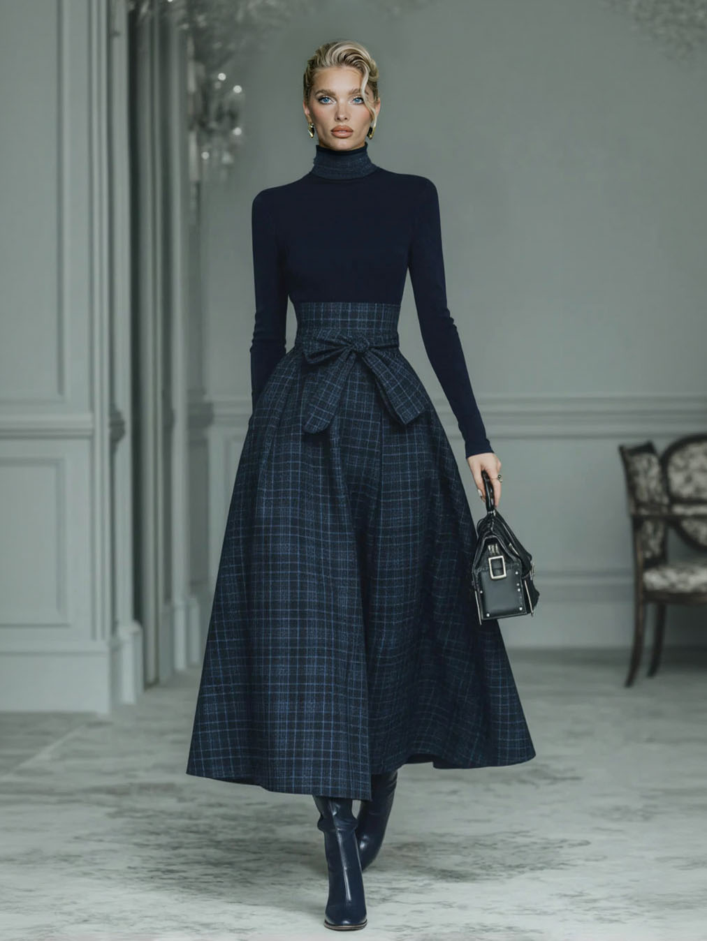 Exquisite High-neck Stretch Top And Plaid Skirt Two-piece Set